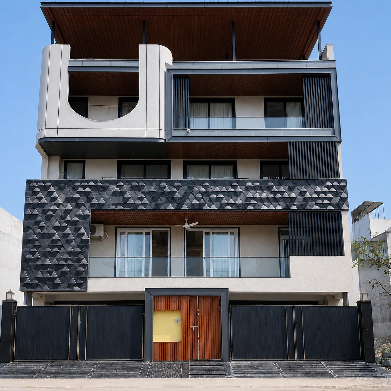 The same façade built, photographed square on in daylight. Four storeys: a deep timber-lined soffit over the top floor, a curved U-shaped concrete feature to the left, dark vertical aluminium louvers down the right-hand bay, and glazed balcony railings across the front. A band of faceted triangular metal panels in dark grey runs the full width at first-floor level and turns down the left-hand return, each facet catching the light at its own angle. A ceiling fan and curtained windows show behind the glass, and a dark metal gate with a timber-clad door closes the frontage at street level under a clear blue sky.