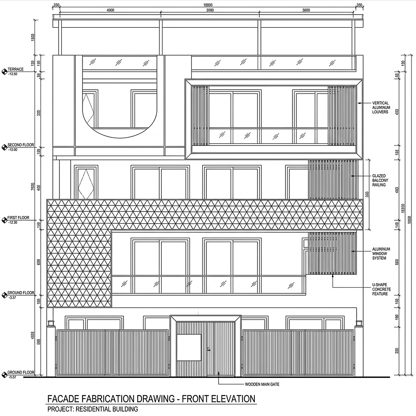 The fabrication drawing for that same façade, in line on white. The title block reads FACADE FABRICATION DRAWING – FRONT ELEVATION, PROJECT: RESIDENTIAL BUILDING. Level markers run down the left edge: TERRACE, SECOND FLOOR, FIRST FLOOR, GROUND FLOOR. Leaders on the right name VERTICAL ALUMINUM LOUVERS, GLAZED BALCONY RAILING, ALUMINUM WINDOW SYSTEM and U-SHAPE CONCRETE FEATURE, and a leader at the foot names the WOODEN MAIN GATE. A band of triangular hatching marks the faceted panel where the photograph shows it, and dimension chains run along the head and the right-hand side.