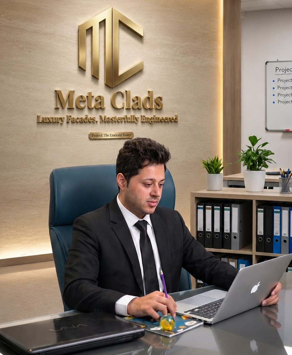 Sahil Ahuja at a glass-topped desk in the Metaclads office, in a dark suit and tie, working at an open laptop with a drawing in front of him. The travertine wall behind carries the gold Meta Clads monogram and wordmark over the line Luxury Facades, Masterfully Engineered, with shelves of ring binders and plants to one side.