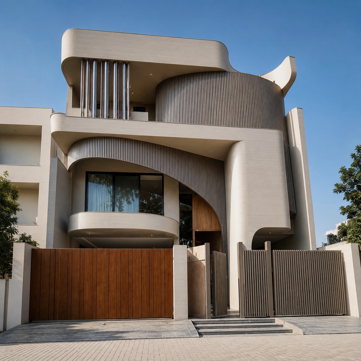 A residence whose curved bays are clad in closely ranked vertical rafter fins in a pale sand tone, following the sweep of each balcony and of the drum above it. Slim polished posts stand in the top opening, and a timber-toned gate with ranked slat screens closes the boundary below.